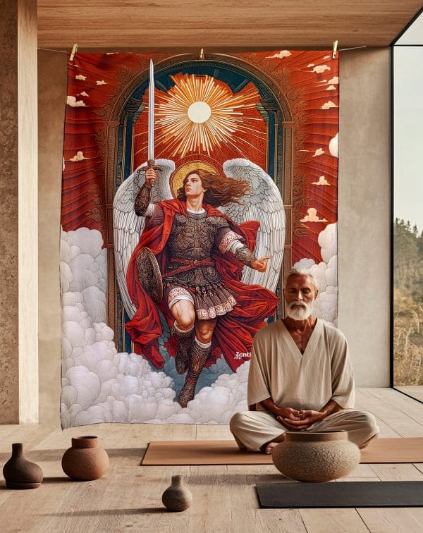 Hombre meditando junto a una Manta del Arcangel Miguel